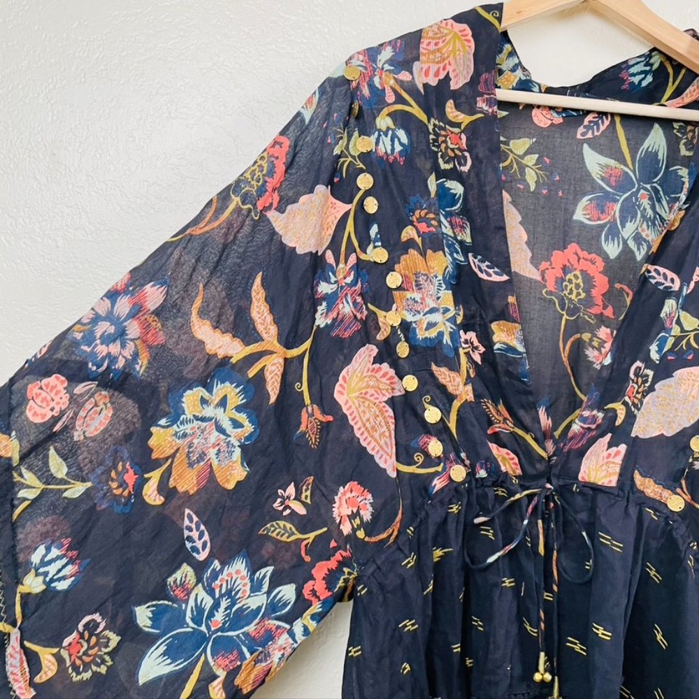 Free People Black Kimono Tie Front Sheer Floral OS - Picture 4 of 5